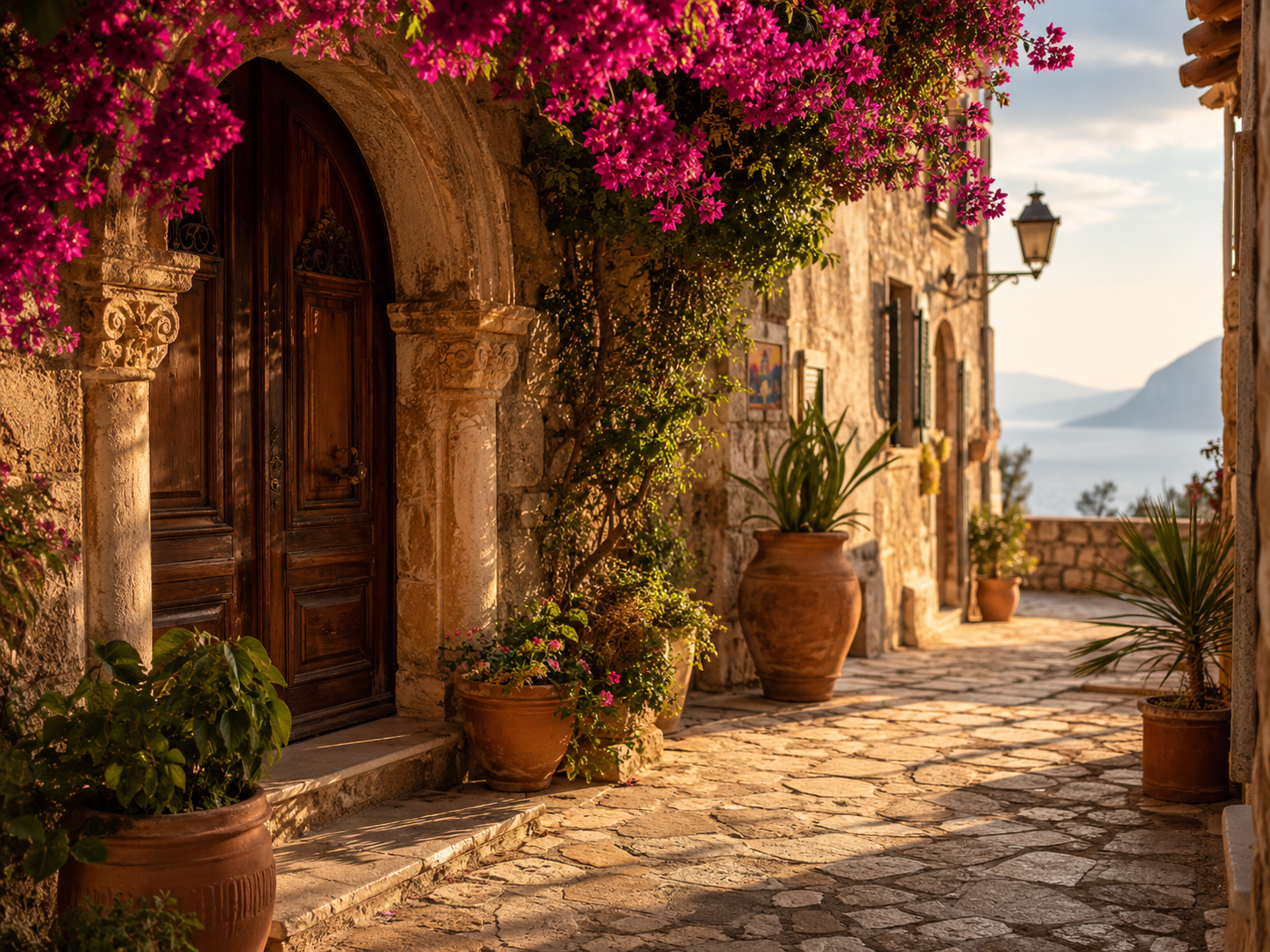 Mediterrane Gasse mit Steinwand, Blumen und Meerblick