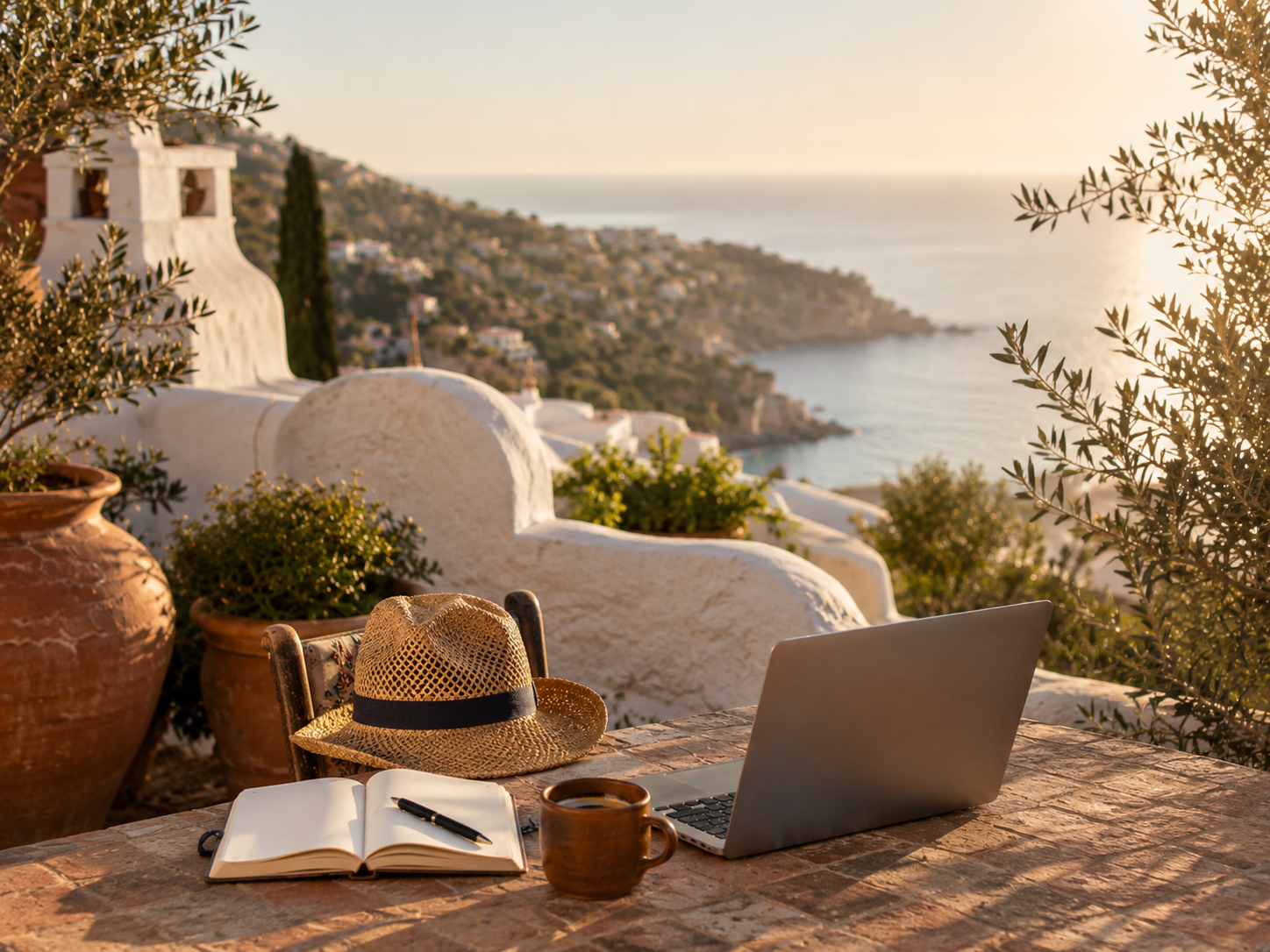 Mediterraner Arbeitsplatz mit Laptop, Strohhut und Kaffee
