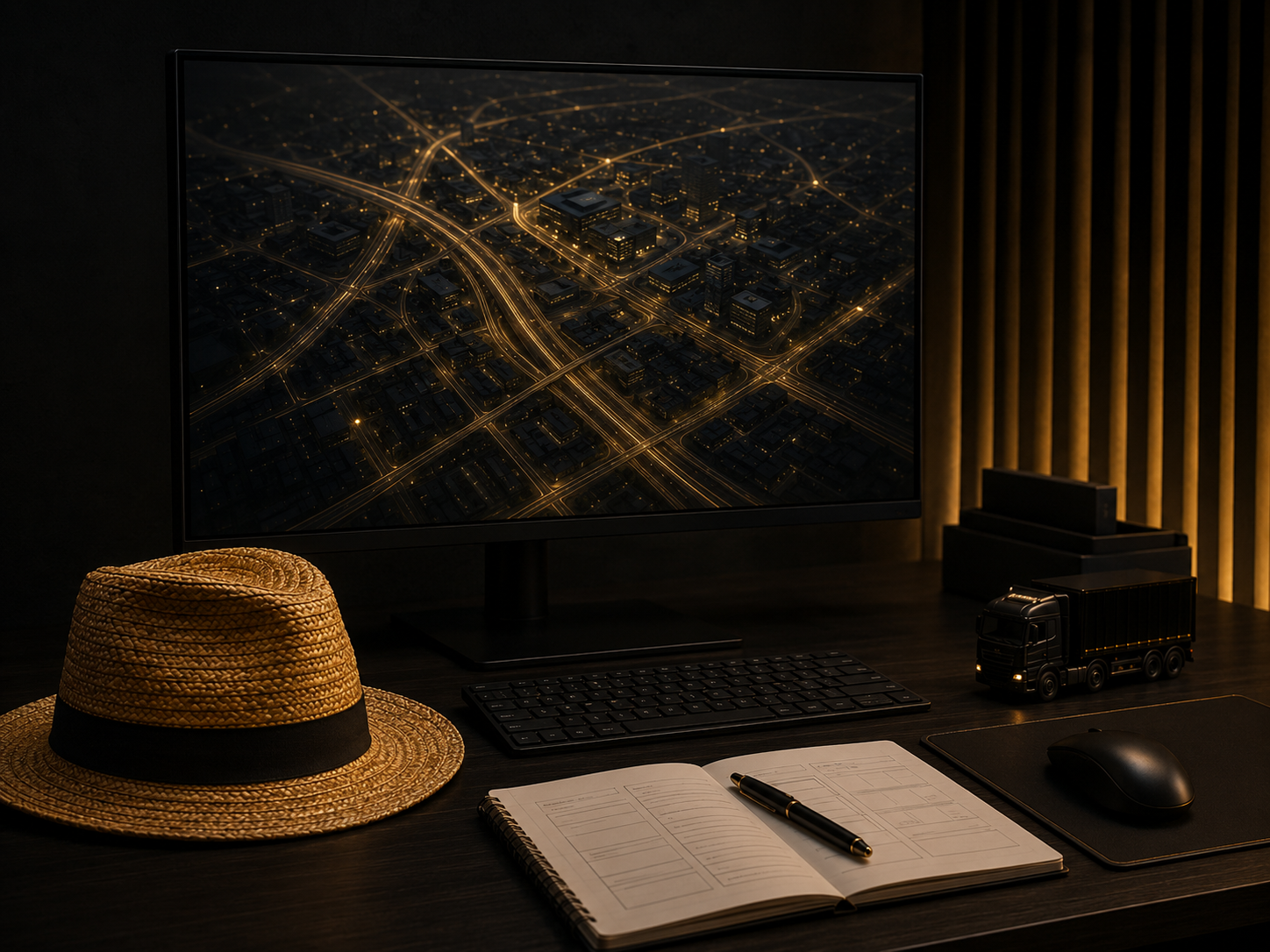 Dunkler Gaming-Arbeitsplatz im Black-Edition-Stil mit Strohhut, Monitor mit abstrakter Logistikansicht, Notizbuch, Tastatur, Maus und kleinem LKW-Modell