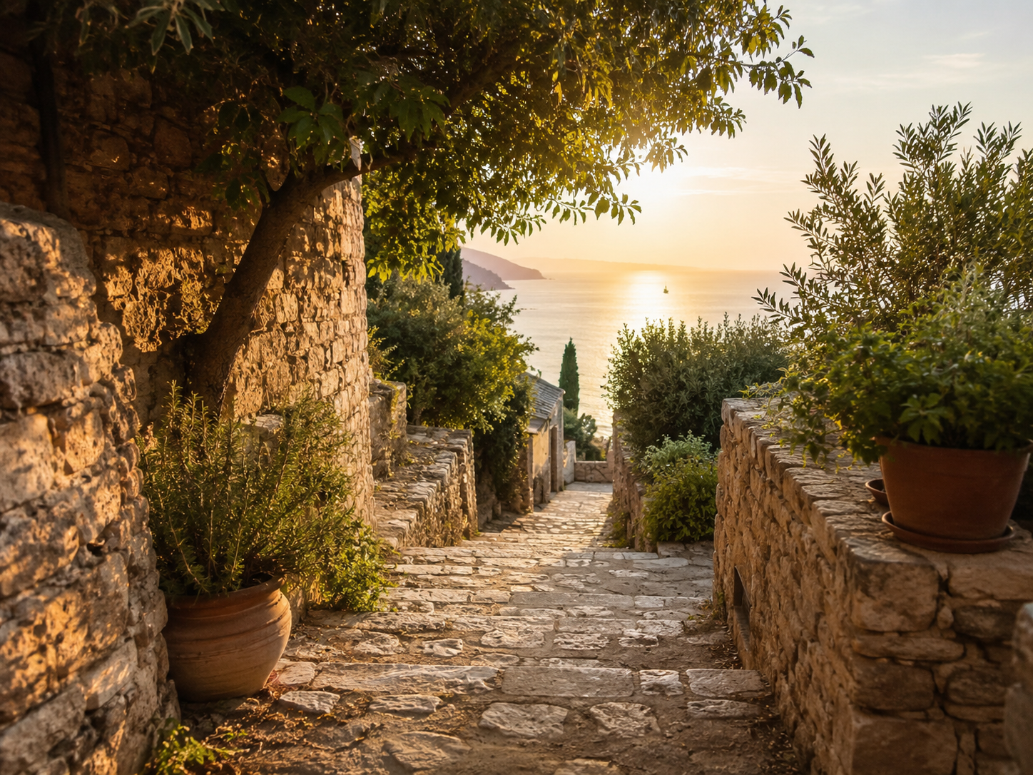 Steinerner mediterraner Weg im warmen Abendlicht mit Blick aufs Meer als Symbol für Lernweg und Entwicklung
