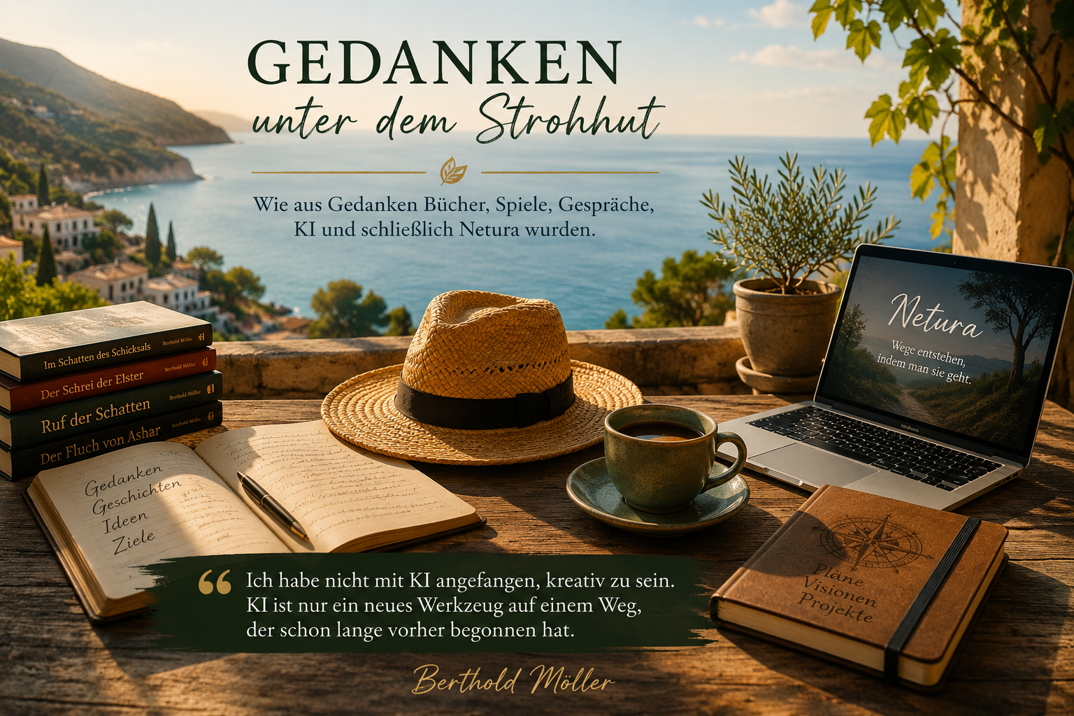 Gedanken unter dem Strohhut mit Büchern, Kaffee, Laptop und Mittelmeerblick