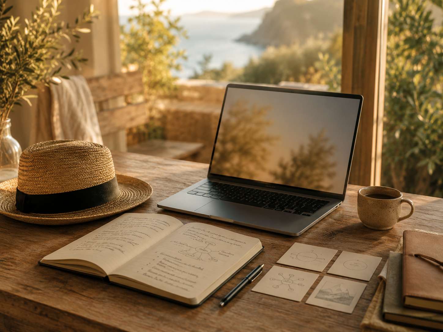 Laptop, Strohhut, Notizbuch, Stift und geordnete Ideenkarten auf einem warmen mediterranen Arbeitstisch mit Blick aufs Meer