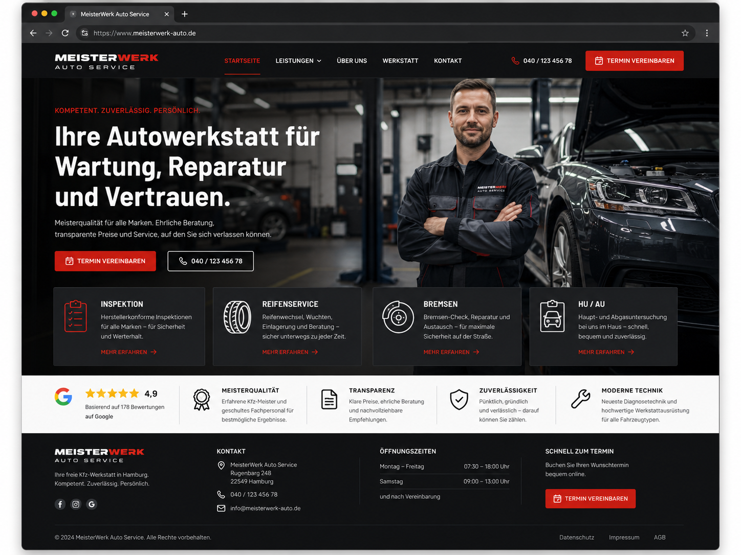 Designvisualisierung einer Autowerkstatt-Webseite
