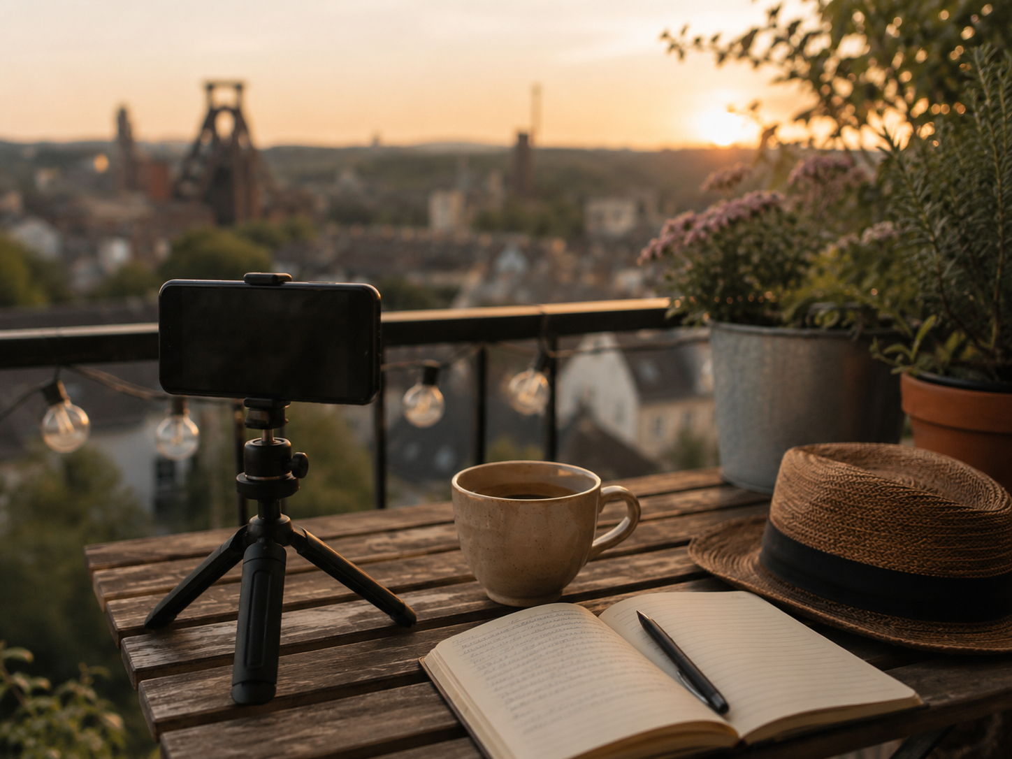 Smartphone auf Stativ, Kaffeetasse, Notizbuch und Strohhut auf einem Balkon im warmen Abendlicht mit Blick über das Revier
