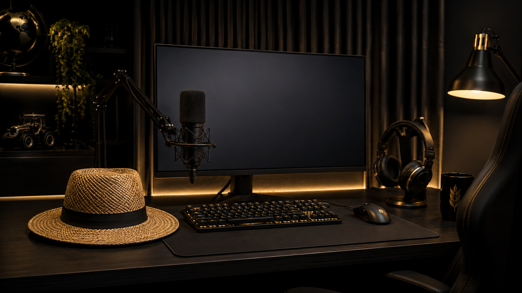 Dunkler Gaming- und Aufnahmeplatz im Black-Edition-Stil mit Strohhut, Mikrofon, Headset, Monitor, Tastatur und warmen Goldakzenten