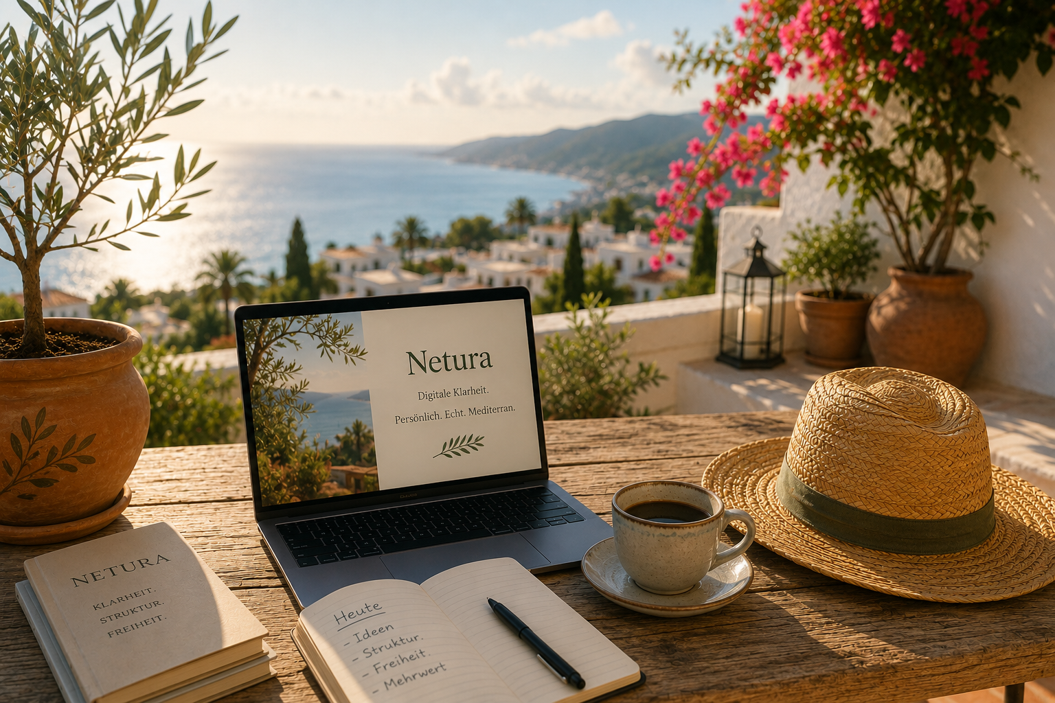 Mediterraner Netura Arbeitsplatz mit Laptop, Kaffee, Notizbuch und Strohhut