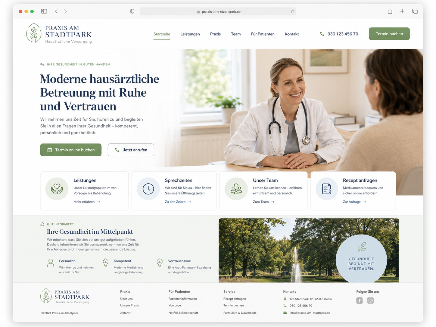 Designvisualisierung einer modernen Arztpraxis-Webseite
