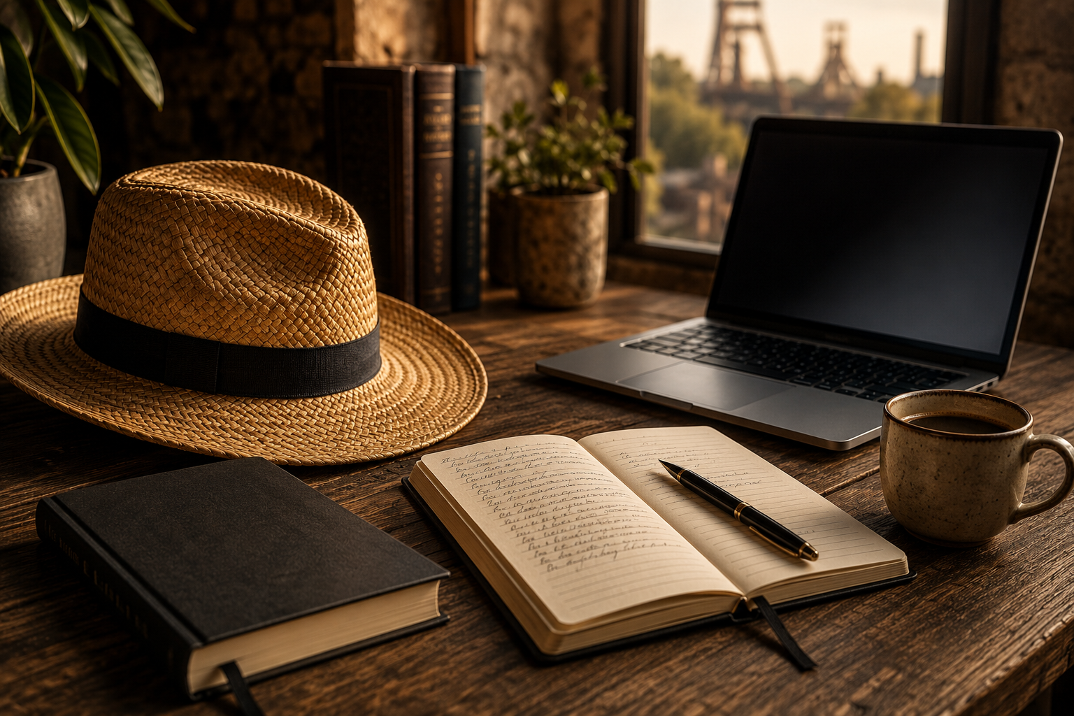 Strohhut, Buch, Notizbuch, Stift und Laptop auf einem warmen Arbeitstisch mit Blick auf das Ruhrgebiet