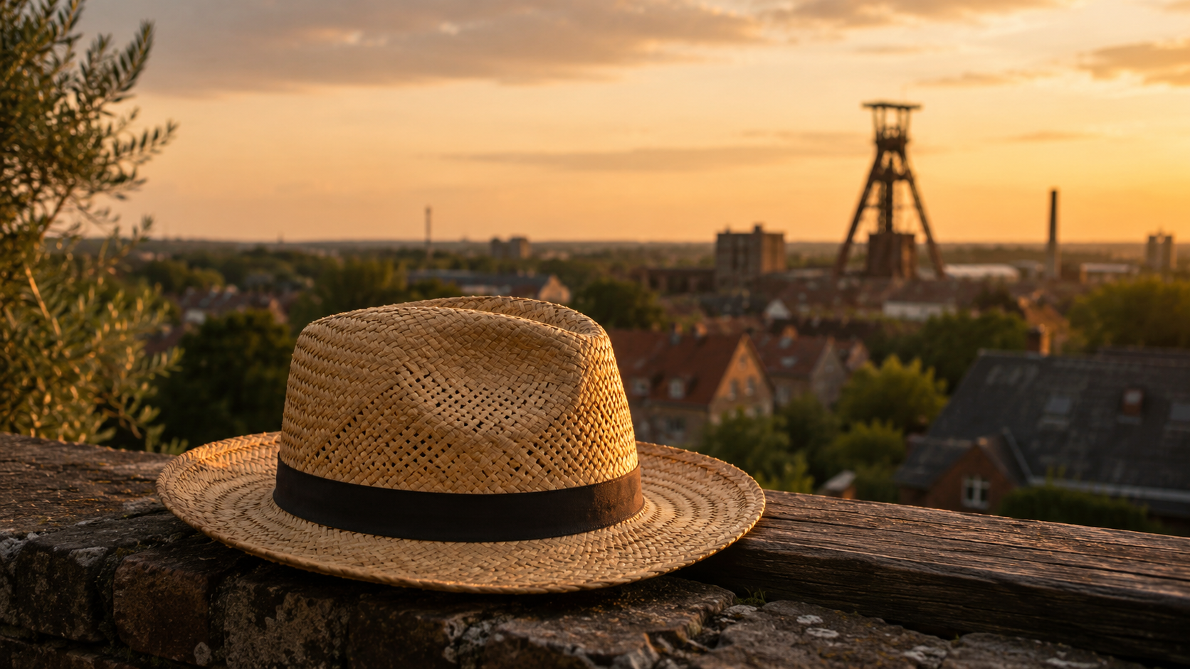 Strohhut auf einer alten Steinmauer im warmen Abendlicht mit Blick über das Ruhrgebiet und einen Förderturm