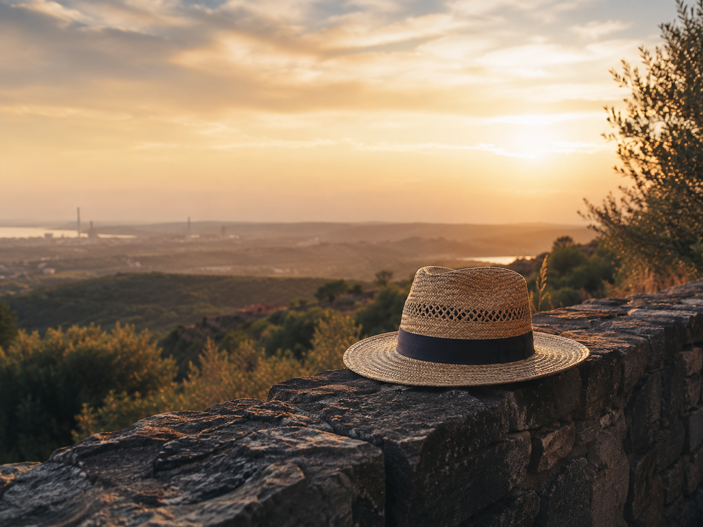 Strohhut auf einer Natursteinmauer im warmen Abendlicht mit weitem Horizont und ruhiger Landschaft