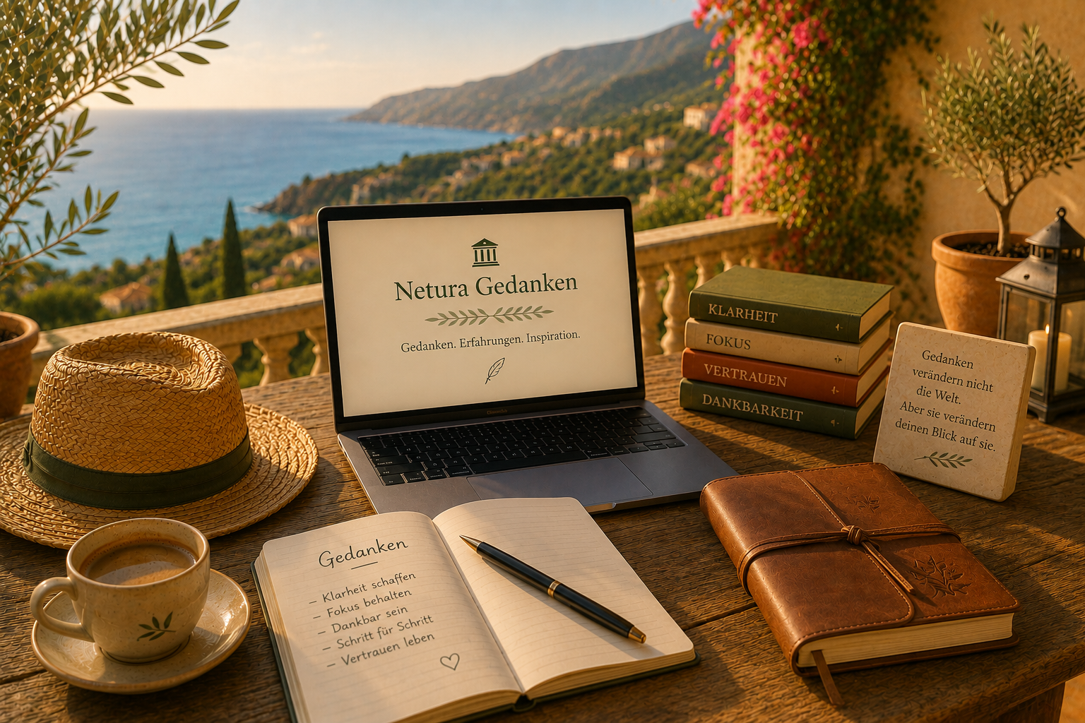 Balkon Gespräche mit Strohhut, Kaffee, Büchern und Mittelmeerlicht