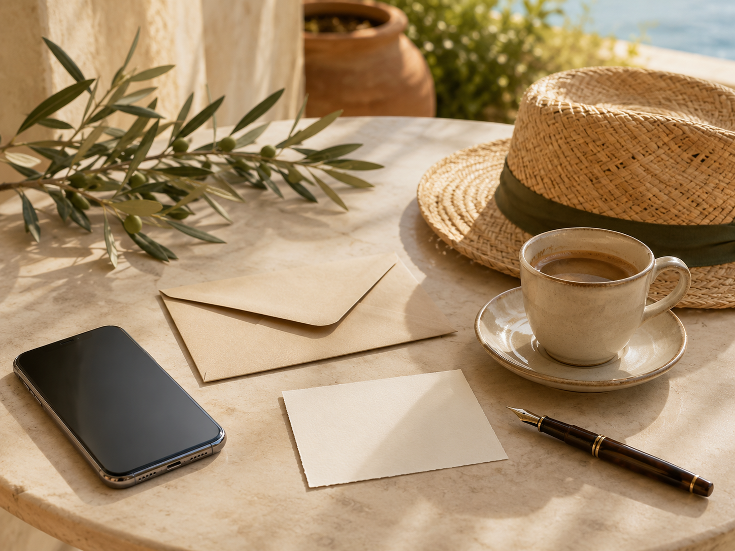 Smartphone, Briefumschlag, Füller, Kaffeetasse und Strohhut auf einem mediterranen Tisch im warmen Licht