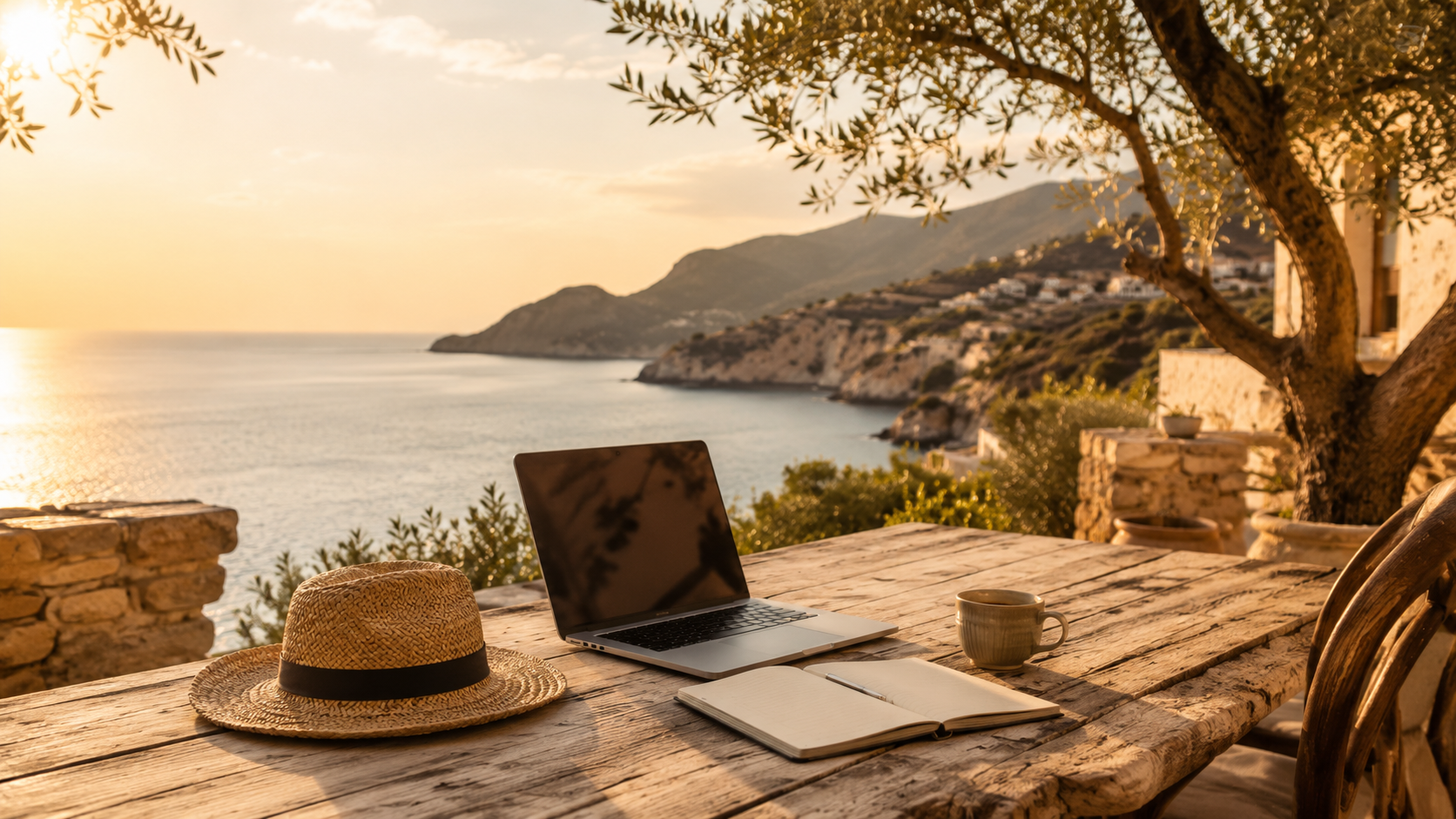 Mediterrane Terrasse mit Strohhut, Laptop, Kaffee und Meerblick