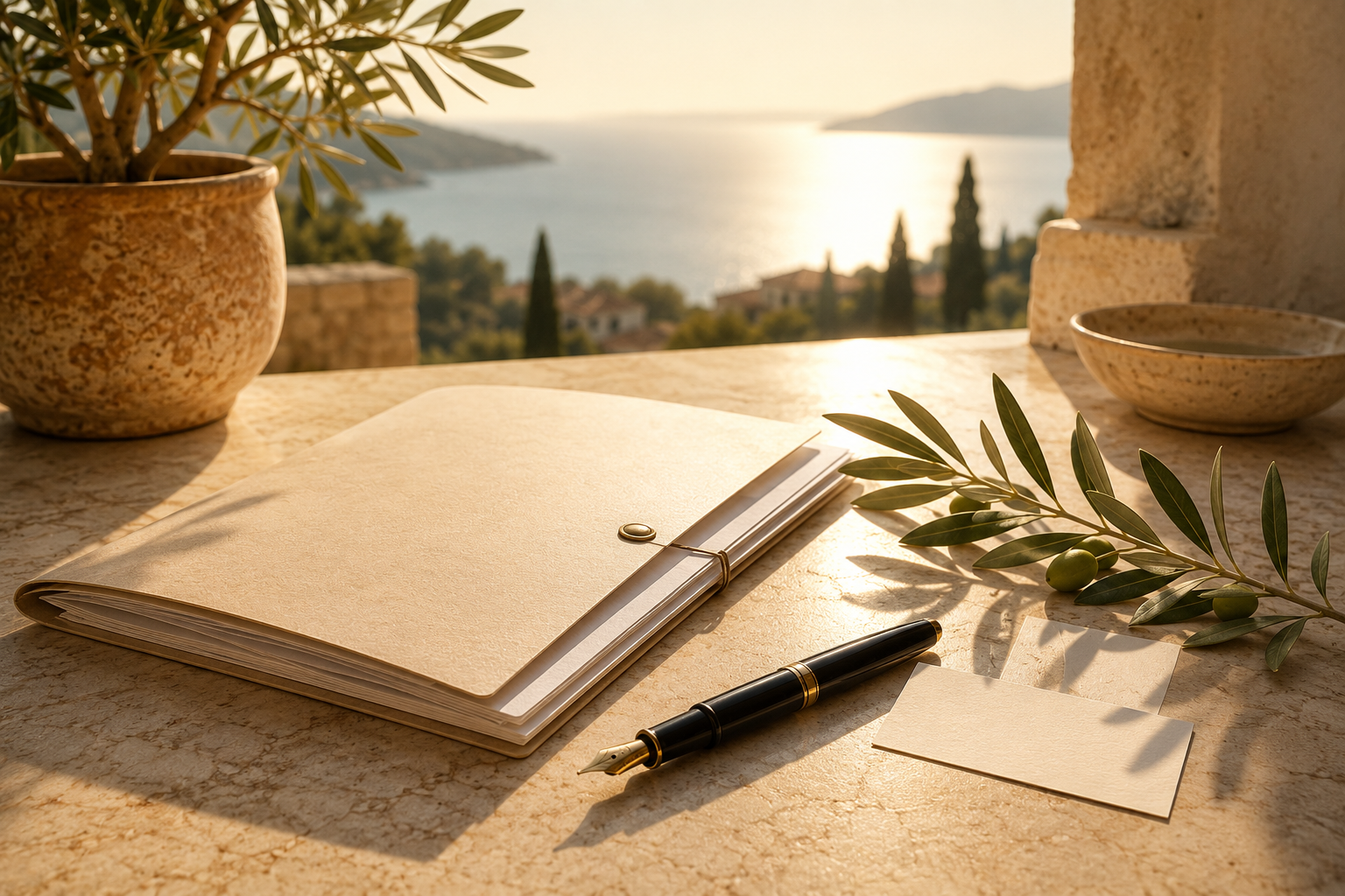 Dokumentenmappe, Füller, kleine Karte und Olivenzweig auf einem mediterranen Tisch im warmen Licht