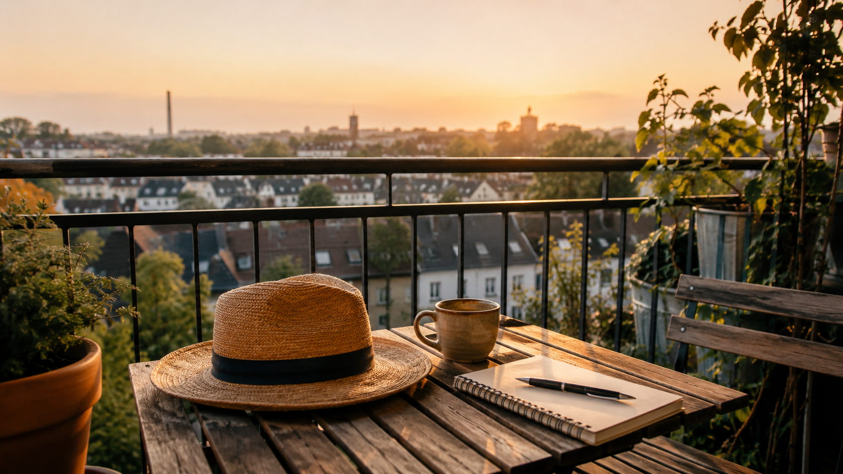 Strohhut, Kaffeetasse und Notizbuch auf einem Balkon im warmen Abendlicht mit Blick über das Revier