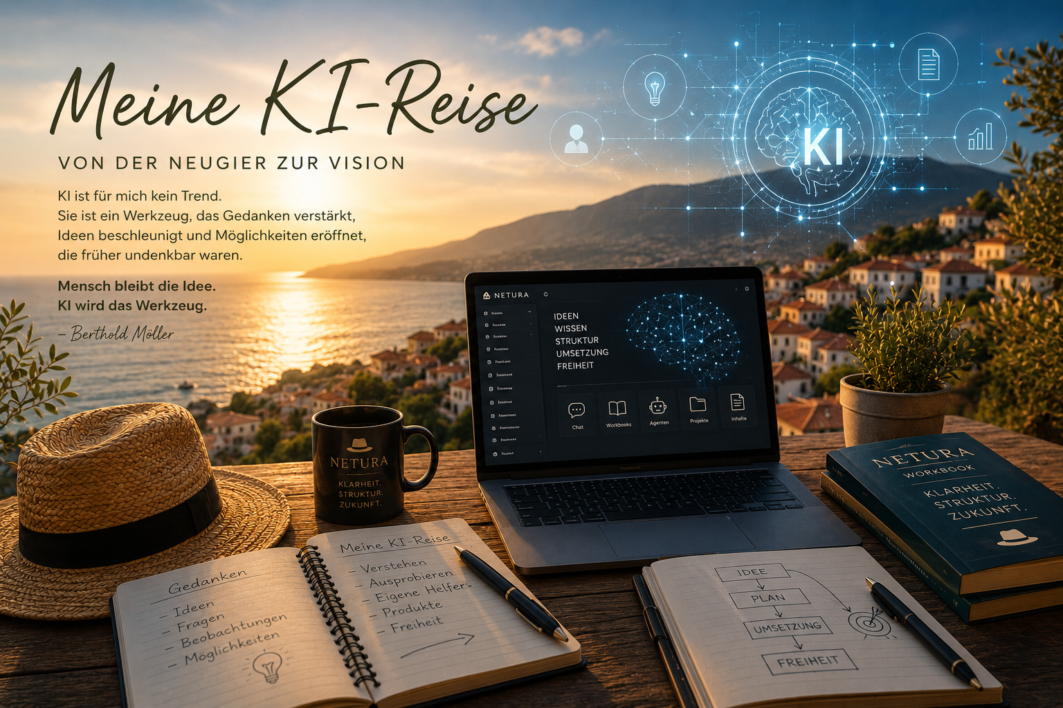 Meine KI-Reise mit Strohhut, Laptop, KI und Mittelmeerblick
