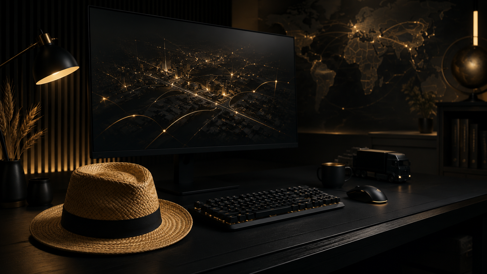 Dunkler Gaming-Arbeitsplatz mit Monitor, Tastatur, Maus und Strohhut im Black-Edition-Stil mit goldenen Lichtakzenten