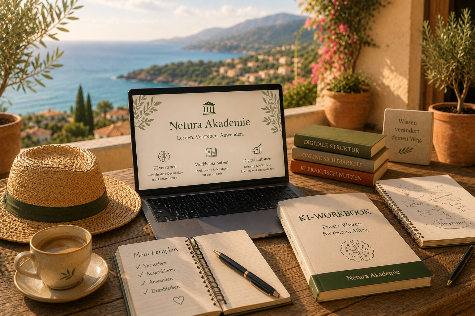 Netura Akademie mit Laptop, Workbook, KI und mediterraner Terrasse