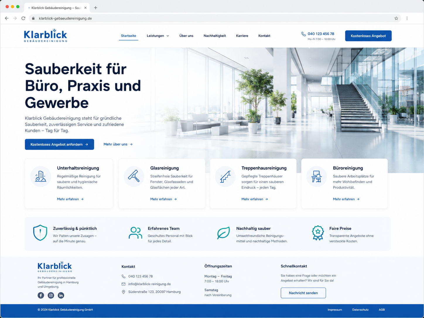 Designvisualisierung einer Gebäudereinigung-Webseite