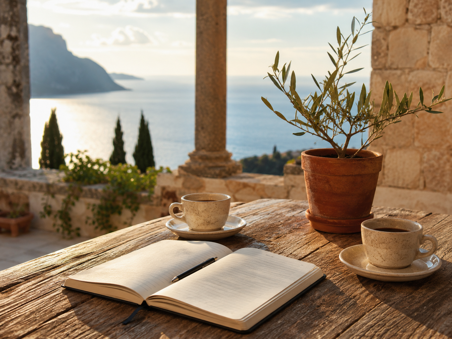 Notizbuch, Kaffee und Olivenpflanze auf mediterraner Terrasse