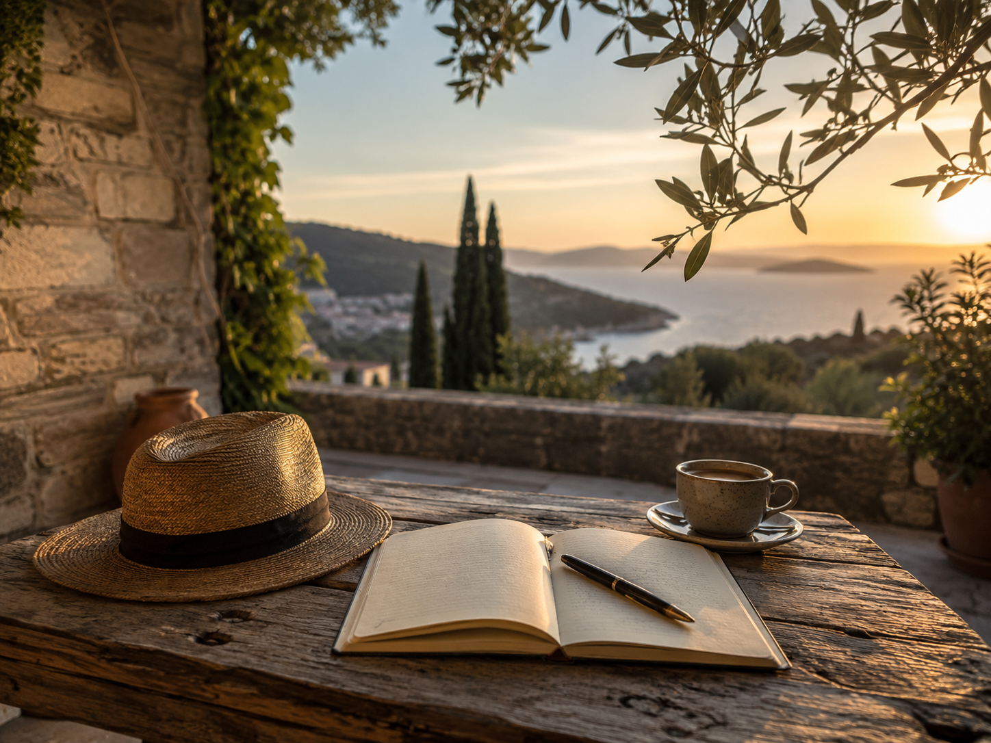 Strohhut, Notizbuch, Stift und Kaffee auf einem mediterranen Holztisch