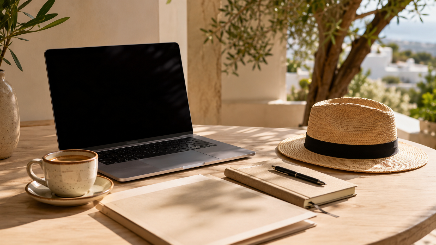 Laptop, Arbeitsheft, Notizbuch, Kaffee und Strohhut auf einem hellen Arbeitstisch im warmen mediterranen Licht