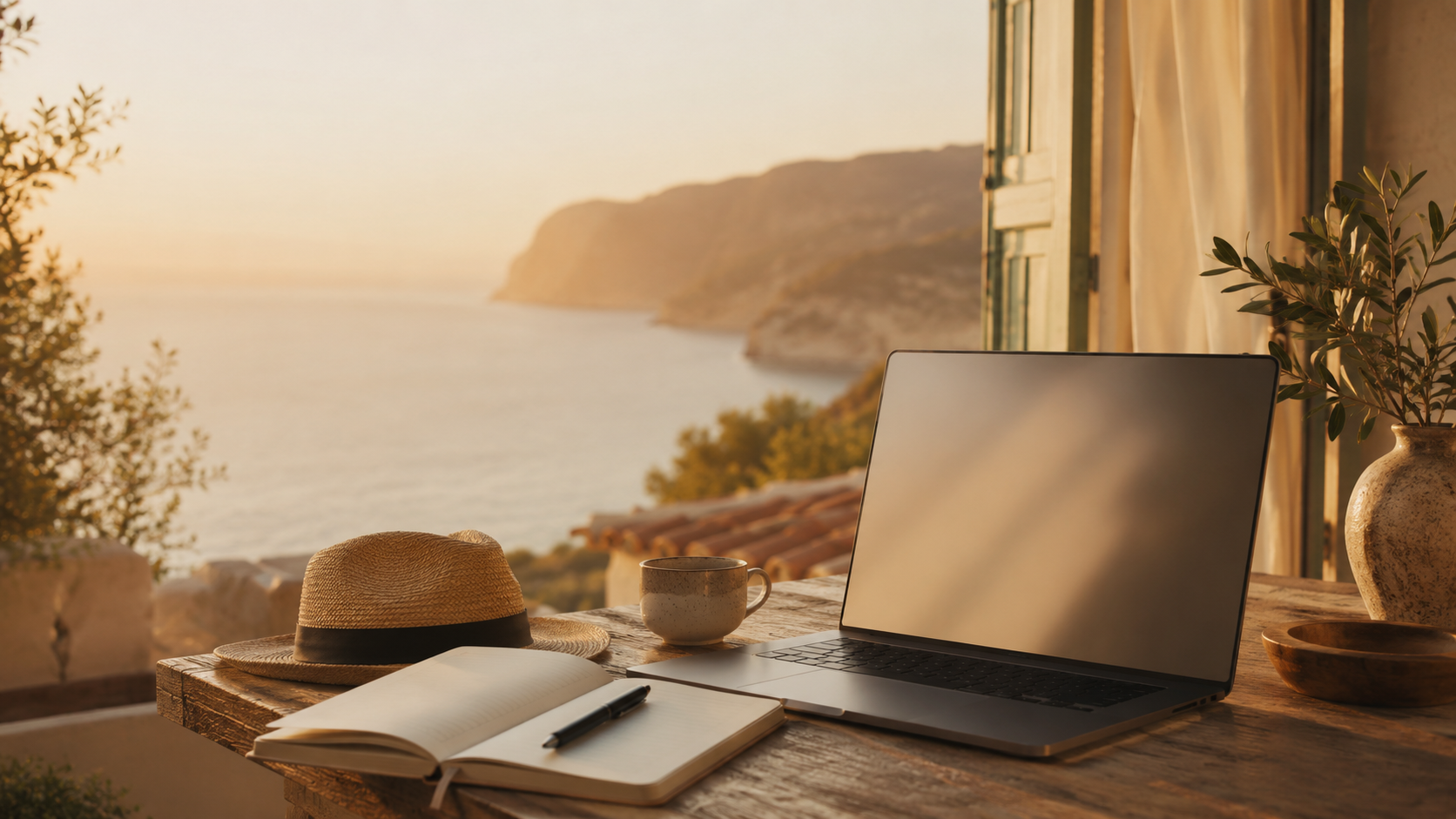 Laptop, Strohhut, Notizbuch und Kaffeetasse auf einem mediterranen Arbeitstisch im warmen Licht mit Blick aufs Meer