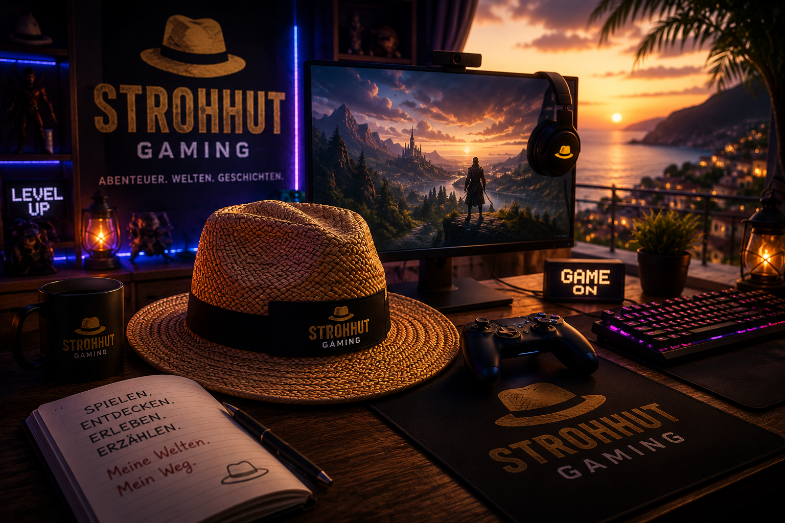 Strohhut Gaming Setup mit Monitor, Strohhut, Controller und Gaming Atmosphäre
