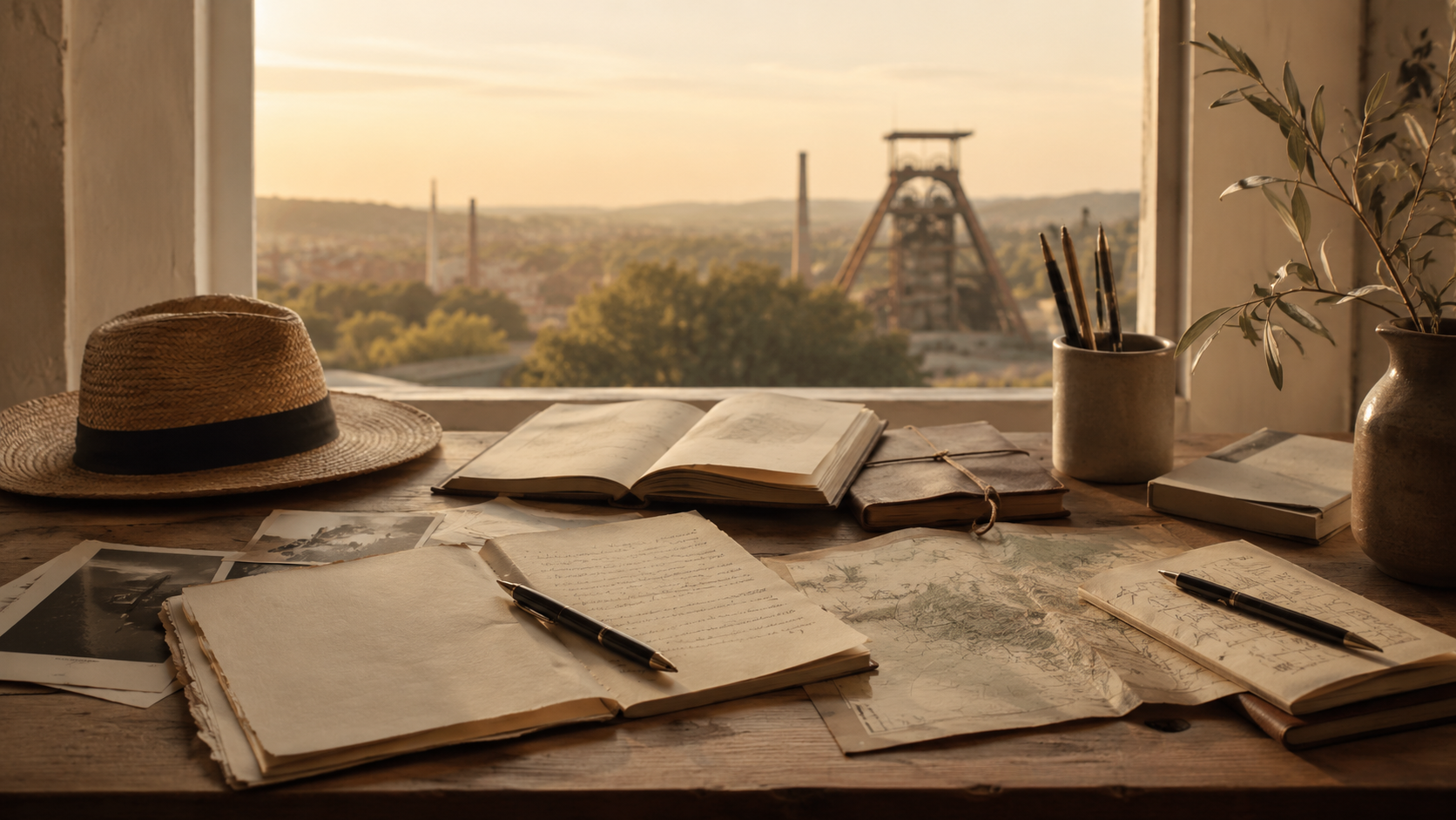 Schreibplatz mit Notizen und Ruhrgebietsblick für die Romanwerkstatt von Berthold Möller
